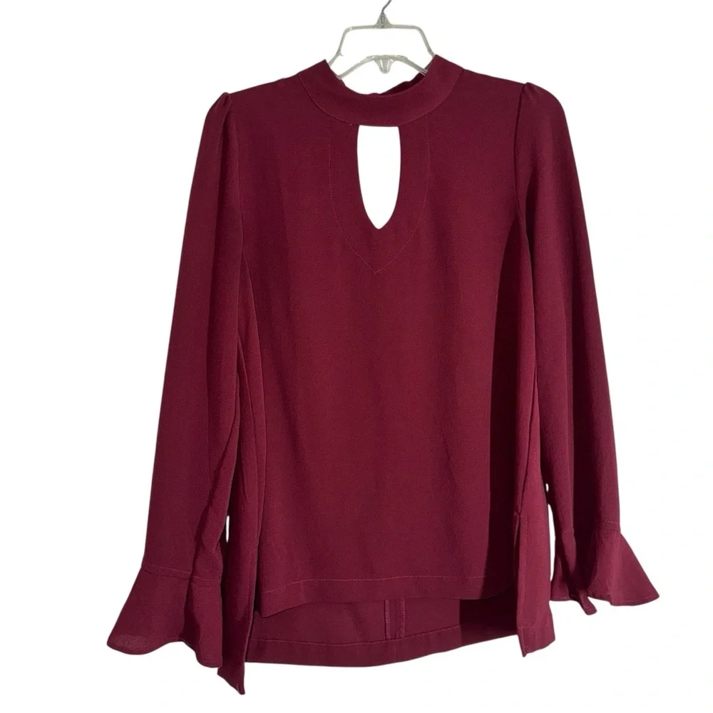 JODIFL Burgundy Long Sleeve Double Keyhole Blouse with Wrist Ruffle size S